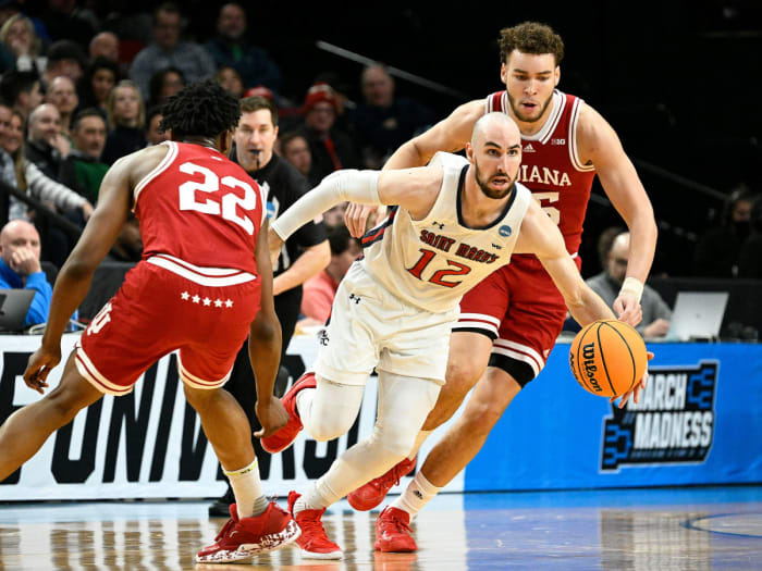 Saint Mary’s Tommy Kuhse dribbles vs. Indiana